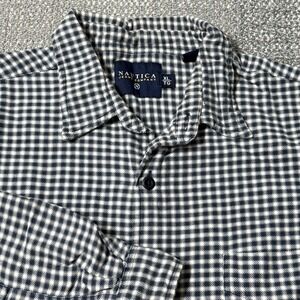 Nautica Check Plaid Flannel Button Up Shirt Black/White/Blue Long Sleeve Mens XL